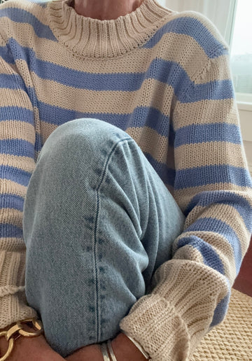 LENA Cotton Sweater in Wide Stripe Tan/Denim