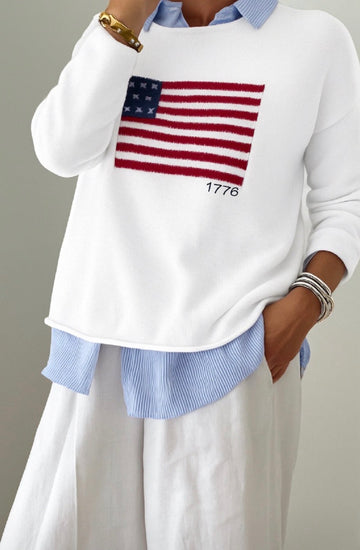 Boxy Flag Cotton Sweater with back stripes in White