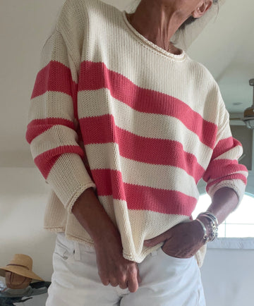 Rugby Stripe Classic Sweater in Cream/Salmon