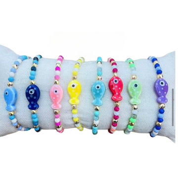 Tiny gold bead and glass fish bracelets