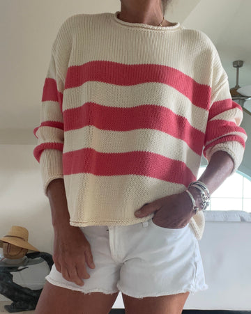 Rugby Stripe Classic Sweater in Cream/Salmon