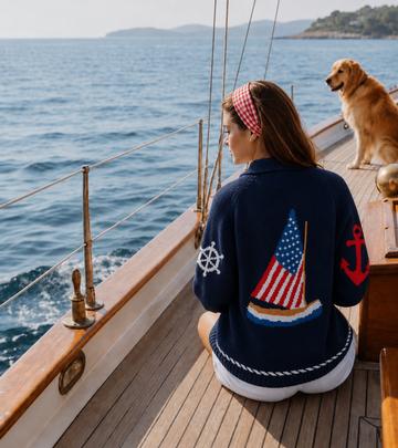 Flag Sailboat Cotton Cardigan Navy or Ivory
