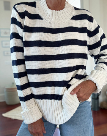 LENA Cotton Sweater in Wide Stripe White/Navy