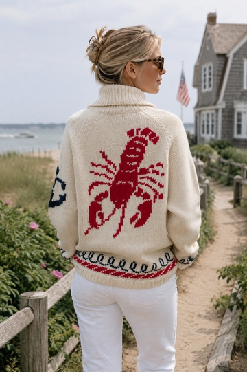 Lobster Varsity Cardigan with Vintage Trim in Ivory/Red