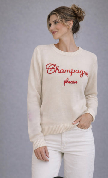 Champagne Please Boxy Cotton Sweater in Ivory/Red