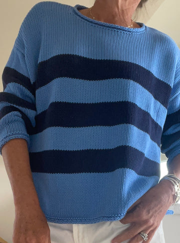 Rugby Stripe Classic Sweater in Light Blue/Navy Cotton
