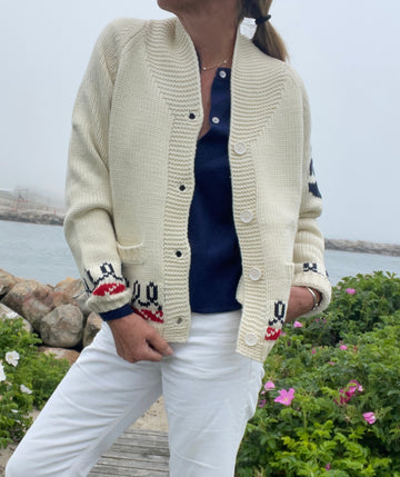 New Ivory Red Lobster Varsity Cardigan with Trim