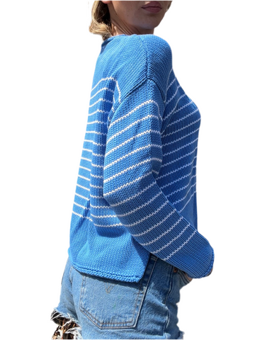 Chloe Striped Rollneck Sweater Blue w White Stripes