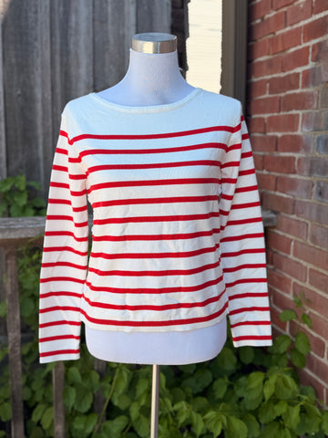Striped Boat Neck Button Cotton Sweater In Cream/Red