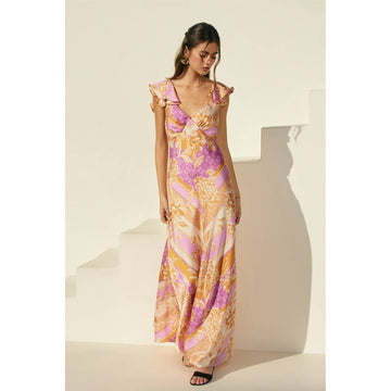Floral Scarf Flutter Open Back Maxi Dress