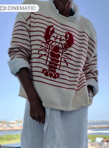 Chloe Striped Rollneck Lobster Sweater in Ivory