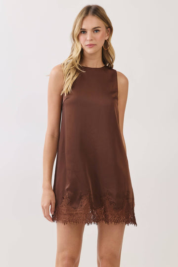 Satin Eyelash Lace Trim Shift Mini Dress