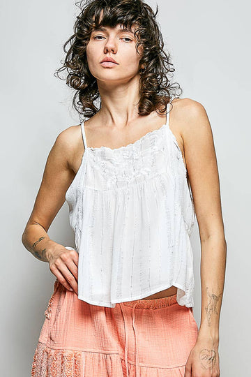 Spaghetti Strap Sheer Embroidered Scallop Trim Tank Top