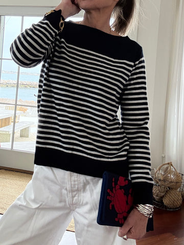 Lean Lines Boatneck 100% Cashmere Sweater  Navy/Ivory