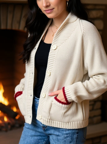 Heart Ski Varsity Cardigan in Ivory