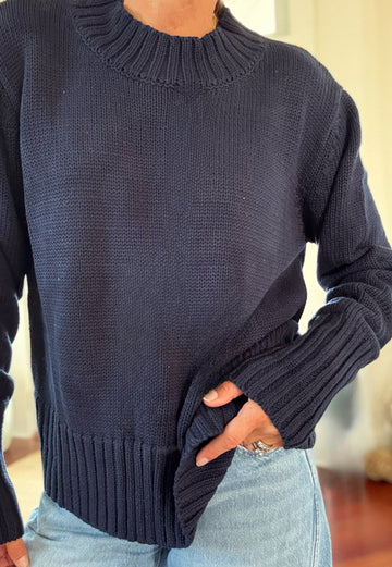 LENA Cotton Sweater in Solid Navy