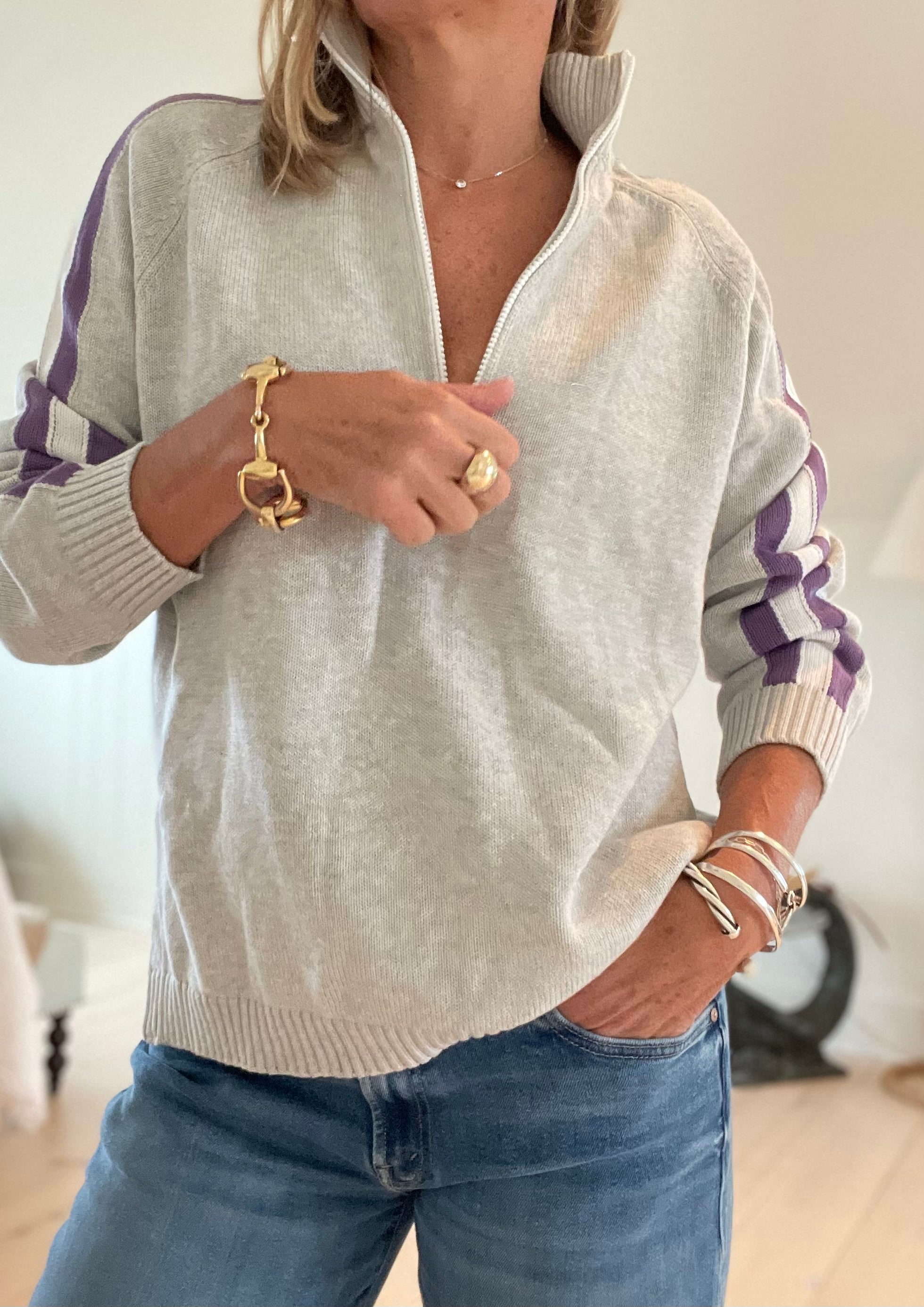 1/2 Zip Cotton Stripe Sweater | Pink Pineapple Shop