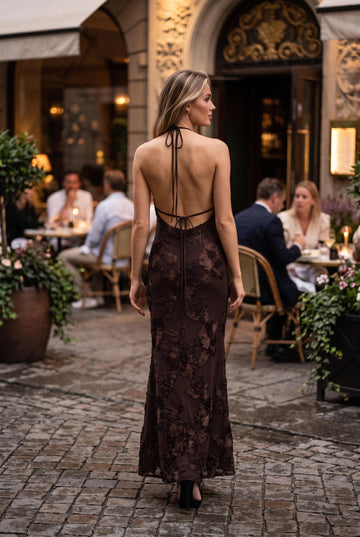 3D Floral Mesh Halter Open-Back Mermaid Maxi Dress