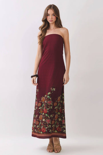Crimson Border Floral Strapless Maxi Dress