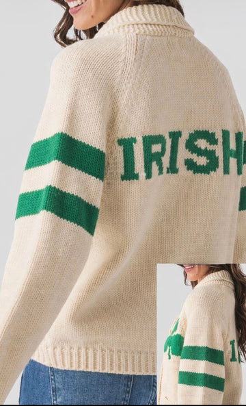 Irish Varsity Cardigan In Ivory with Green Stripes