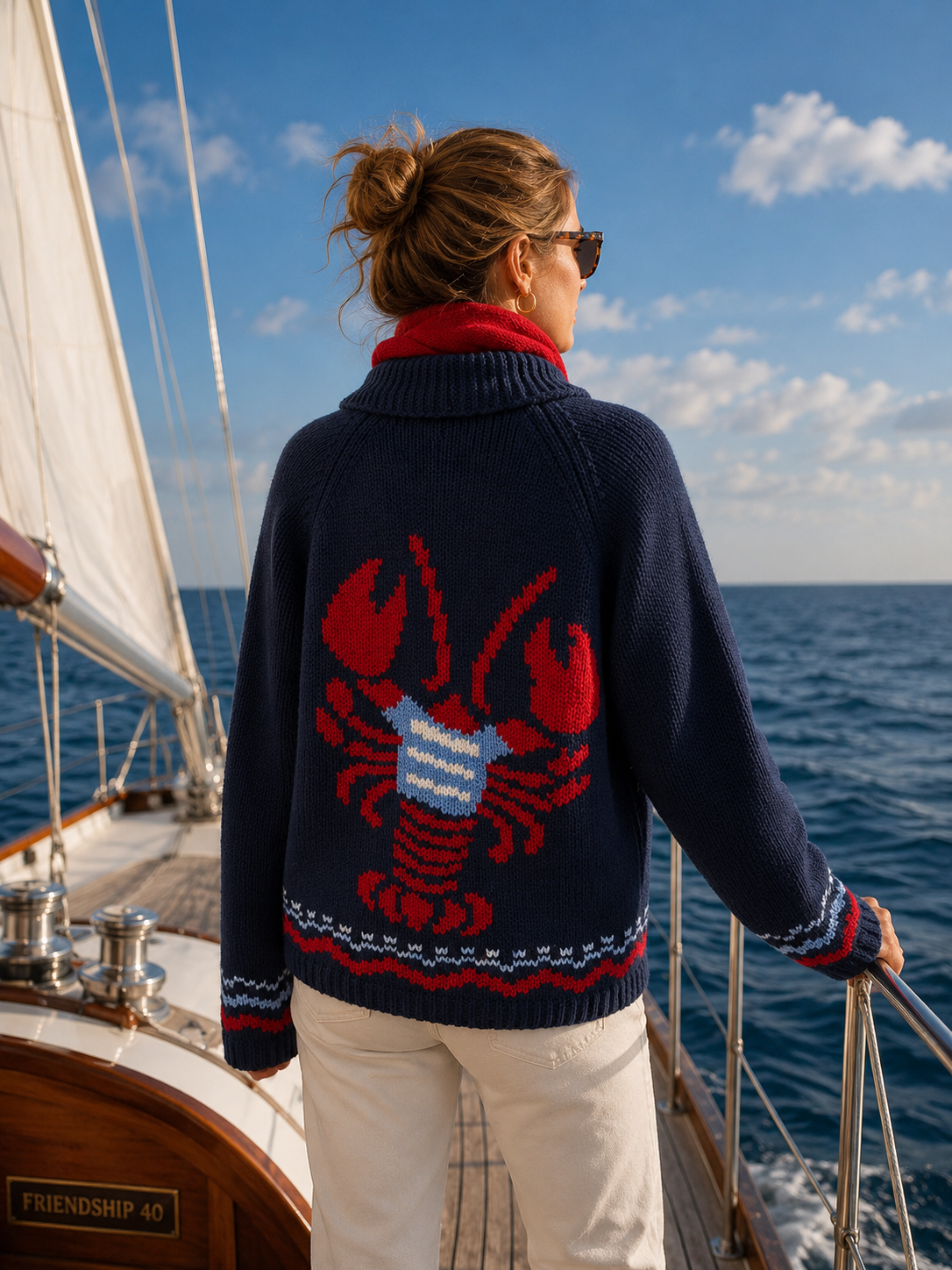 Navy Red Lobster Varsity Cardigan with Trim – Stylish Coastal Knitwear