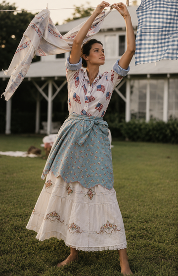 3/4 Sleeve Cotton Flag Print Blouse in White