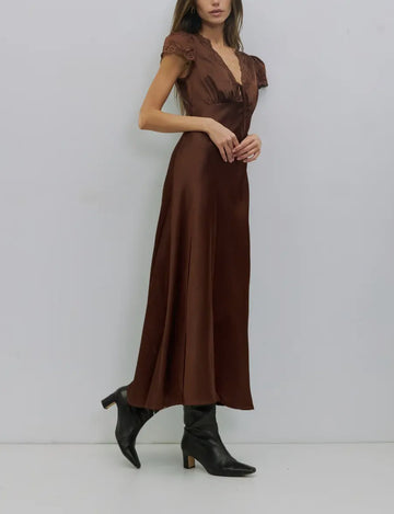 Vivienne, lace trim satin midi   dress