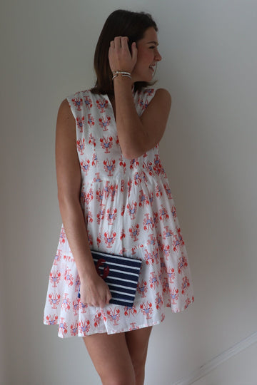 Hand Block A-Line Weekend Dress in Navy/Red Lobster Print New 2026