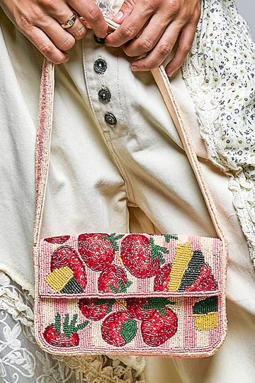 Pink Beaded Fruit Pattern Shoulder Flap Bag