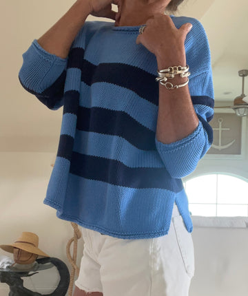 Rugby Stripe Classic Sweater in Light Blue/Navy Cotton
