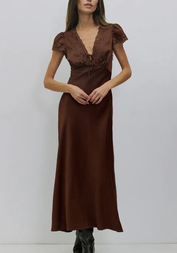 Vivienne, lace trim satin midi   dress