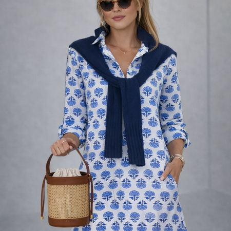 Sconset Block Print 3/4 Sleeve Dress Blue – Stylish Knit