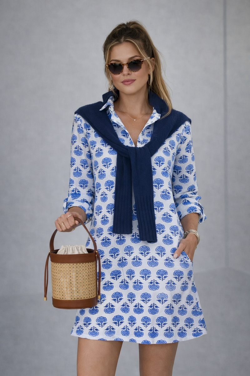 blue dress for baby girl Sconset Block Print 3/4 Sleeve Dress Blue – Stylish Knit