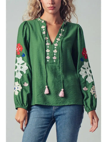Floral Embroidered Shirt with Tassels
