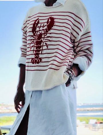 Chloe Striped Rollneck Lobster Sweater in Ivory