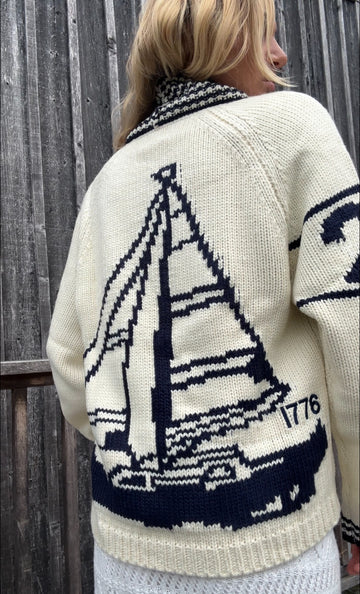 Sketchbook Sailboat Varsity Cardigan in Ivory