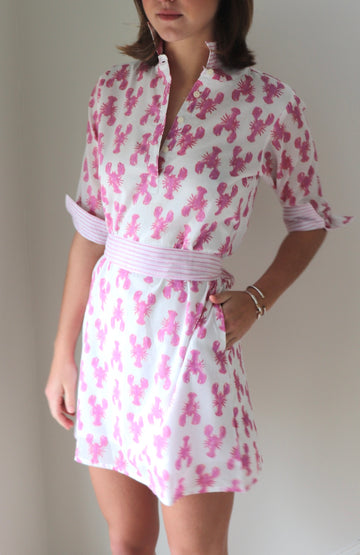 New 3/4 Sleeve Sconset Lobster Print Dress with stripe detail