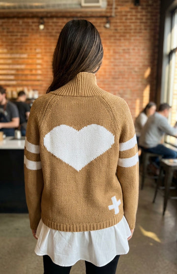 Varsity Chunky Heart Cardigan in Brown/White