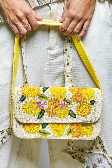 Beaded Lemon Pattern Flap Shoulder Bag