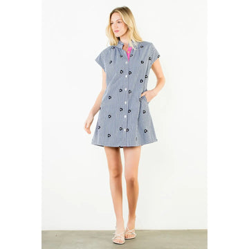 Short Sleeve Navy Gingham Mini Dress with Pink Lining