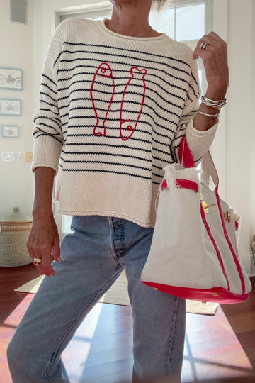 Chloe Stripe Rollneck Embroidered Sardines Sweater in Ivory