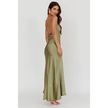 Olive Twist Back Satin Maxi
