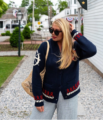 Varsity Coastal Cardigan in Navy/White