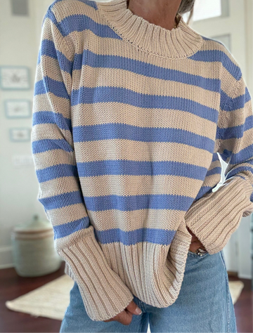 LENA Cotton Sweater in Wide Stripe Tan/Denim