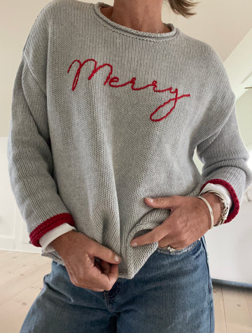 Chunky Embroidered Merry Sweater - Gray