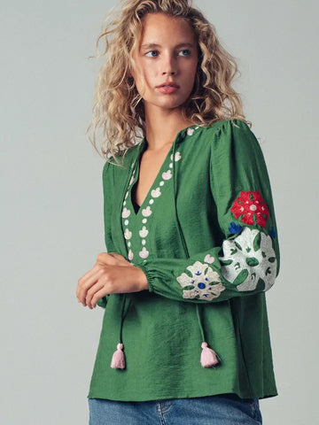 Floral Embroidered Shirt with Tassels