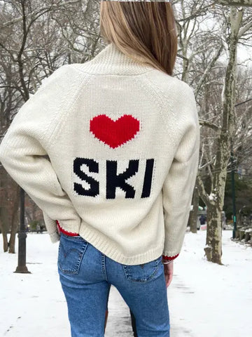 Varsity Chunky Heart Ski Cardigan-Ivory