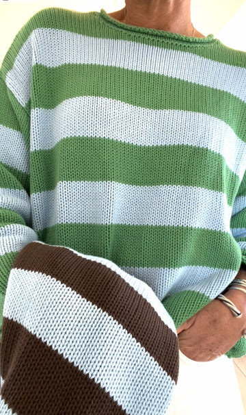 Stripe Roll Neck Sweater - Sky/Green or Sky/Brown