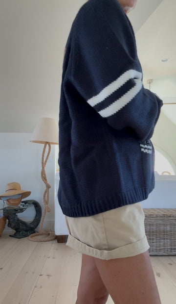 Huddle Up Football Varsity Cardigan In Navy