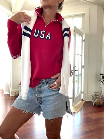 1/4 Zip USA red Flag Elbow sweater